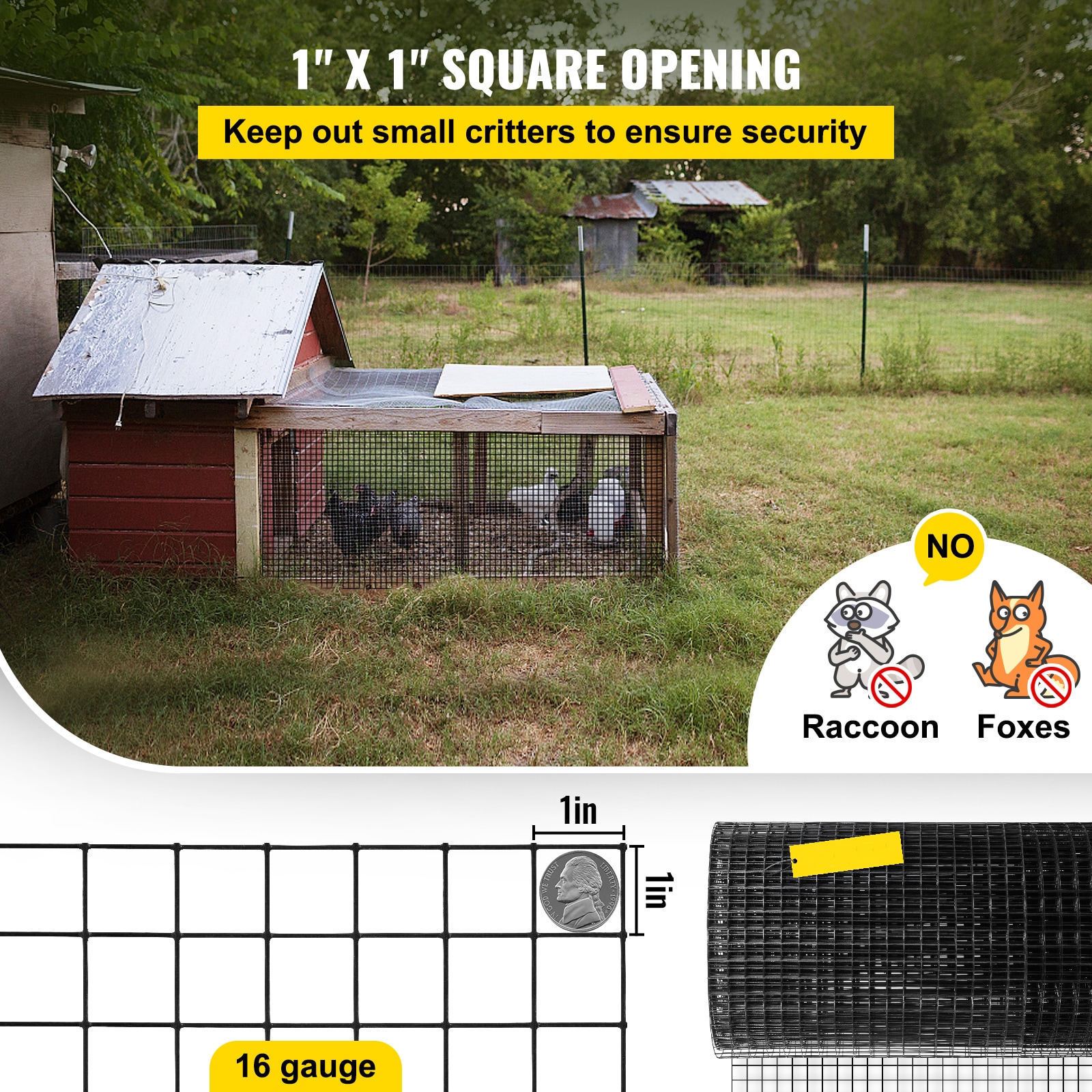 Hardware Cloth, 36" X 50' & 1"x1" Mesh Size, Galvanized Steel Vinyl Coated 16 Gauge Chicken Wire Fencing W/A Cutting Plier & A Pair Of Fabric Gloves, For Garden Fencing & Pet Enclosures, Black_maomaolike.com
